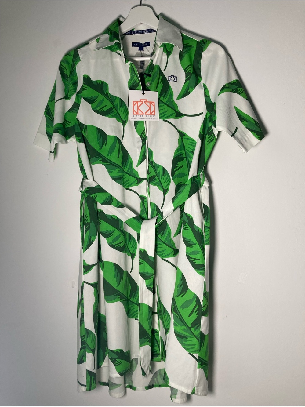 Katie Kime Banana Leaves Shirtdress White Green Cotton Spandex Women's Size XS